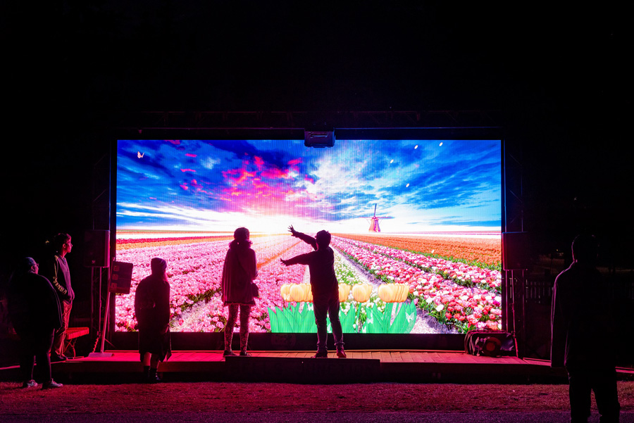 Three children play with the interactive display on the LED video wall at the Ottawa Tulip Festival.
