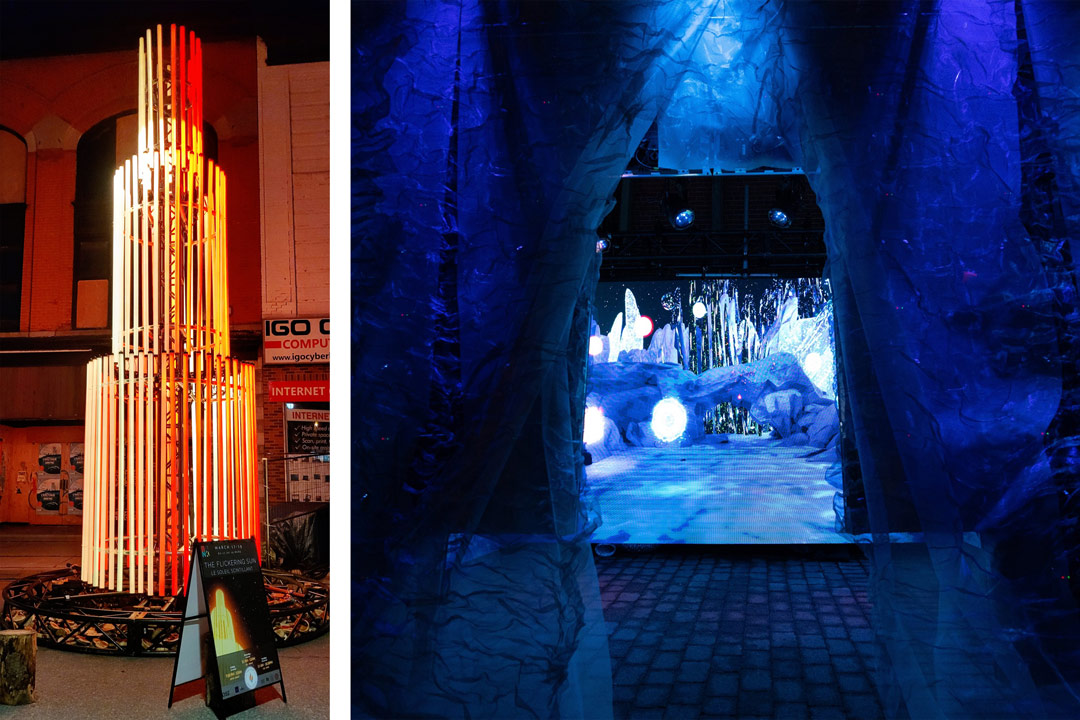 Two image collage with a red tower of tube lights and a blue ice tunnel looking towards immersive cave display