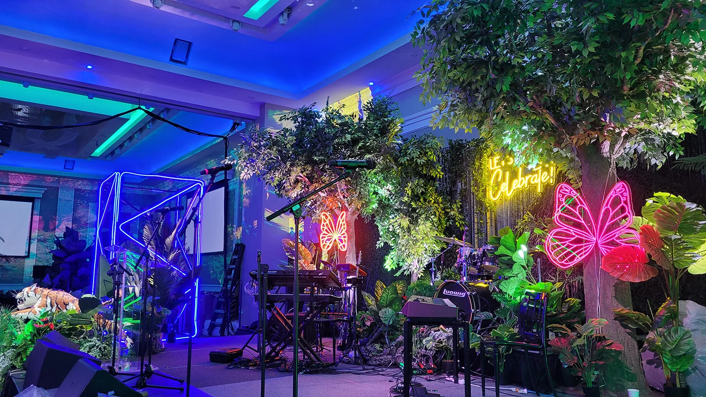 OSE Event Portfolio Photos - Caivan Corporate Gala - Unique Staging with Neon Lights and Trees